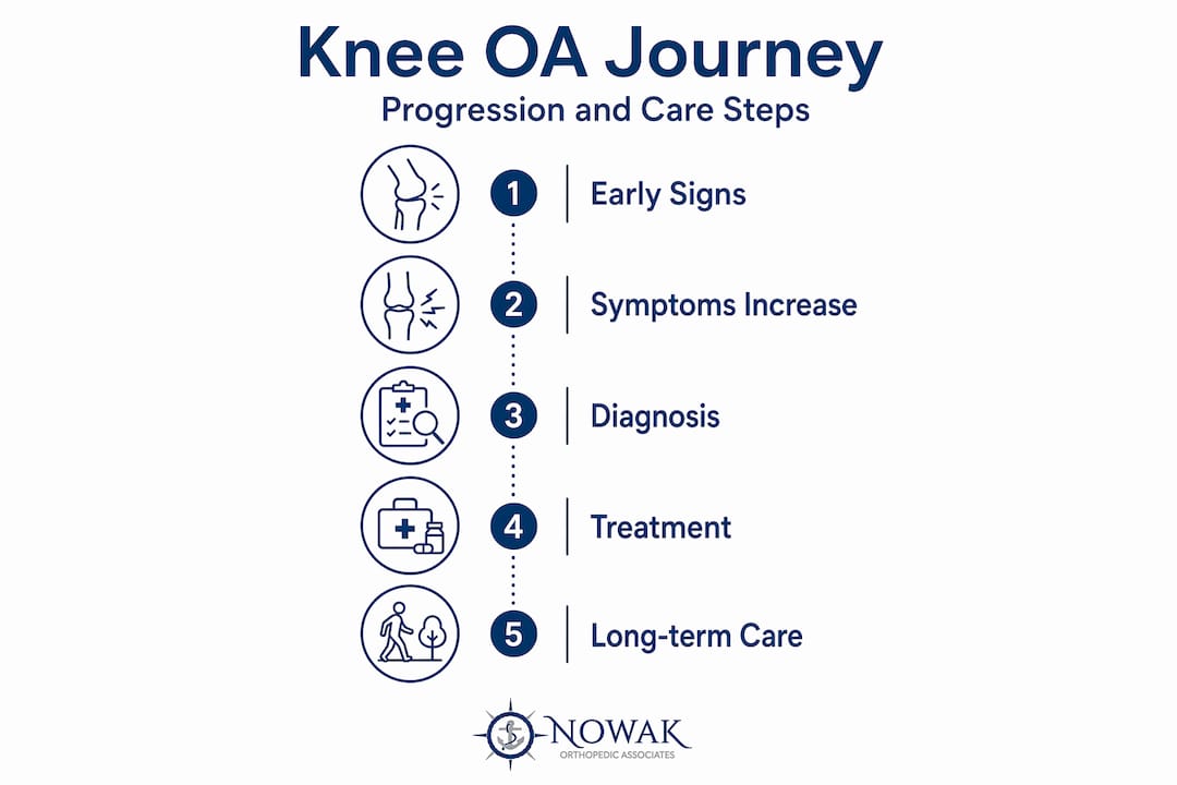 Infographic showing knee osteoarthritis progression steps