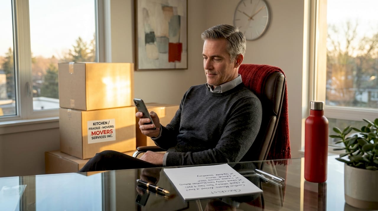 Man reviewing moving checklist with calendar