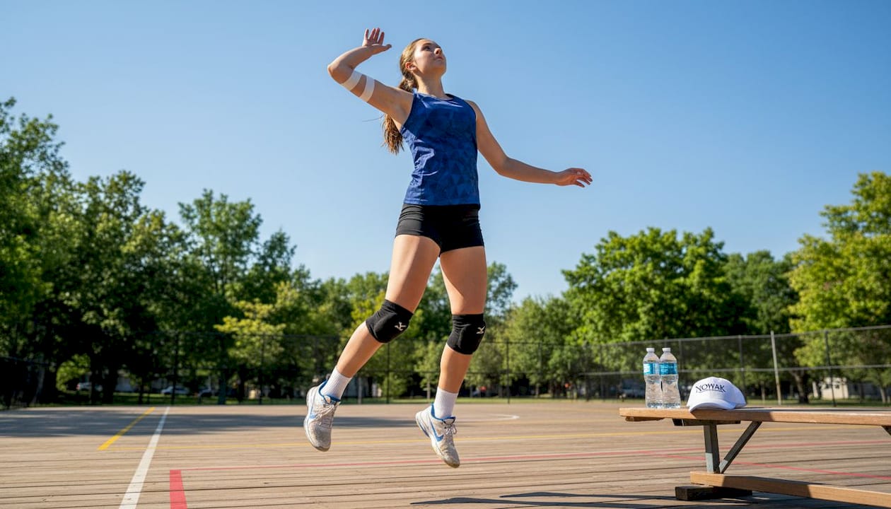 Volleyball player jumping with joint protection