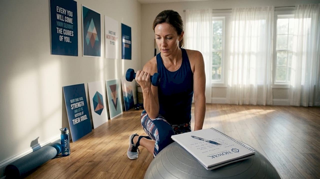 Woman doing elbow strengthening exercise at home