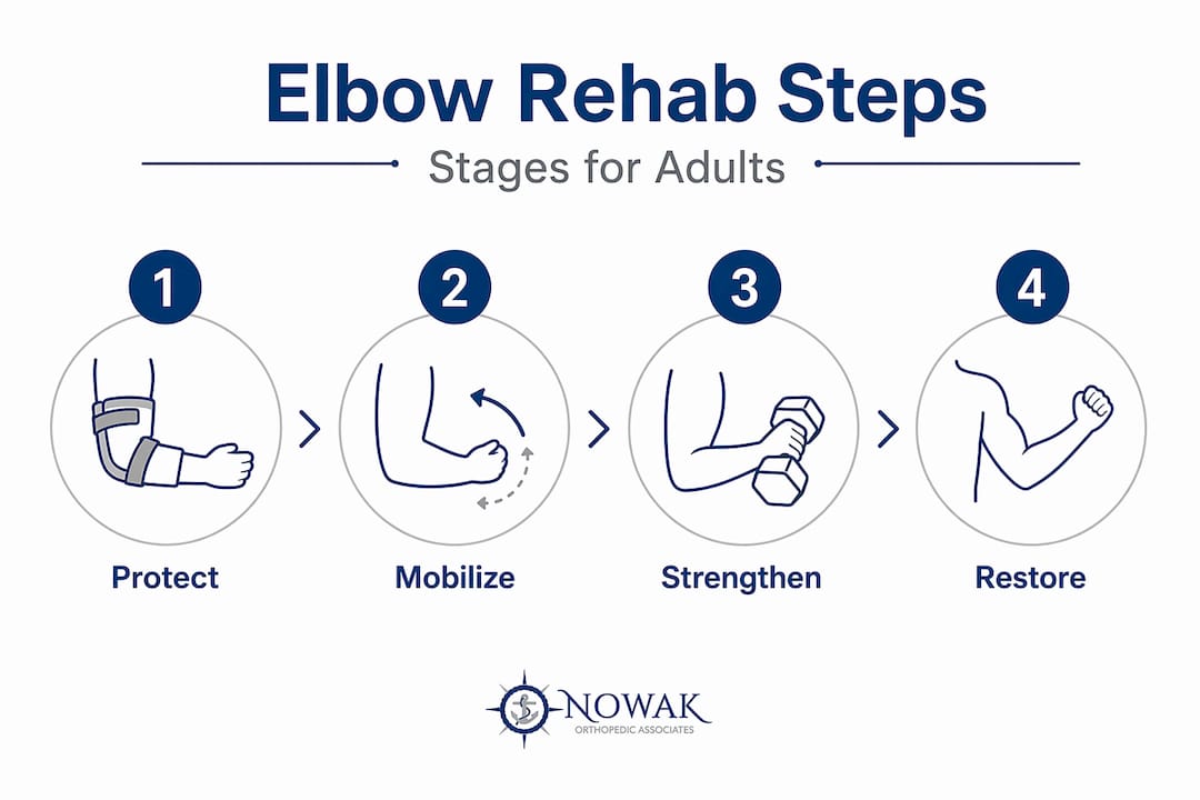Four stage elbow injury rehab steps infographic