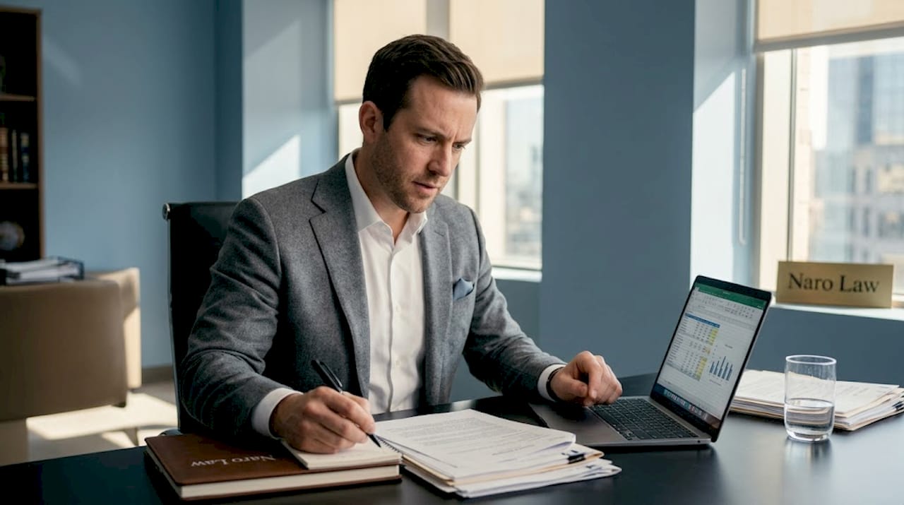 Attorney reviewing billing paperwork in office