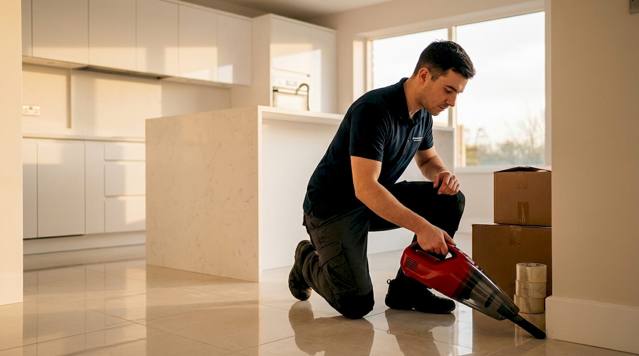 Cleaner detailing unfurnished living room baseboards