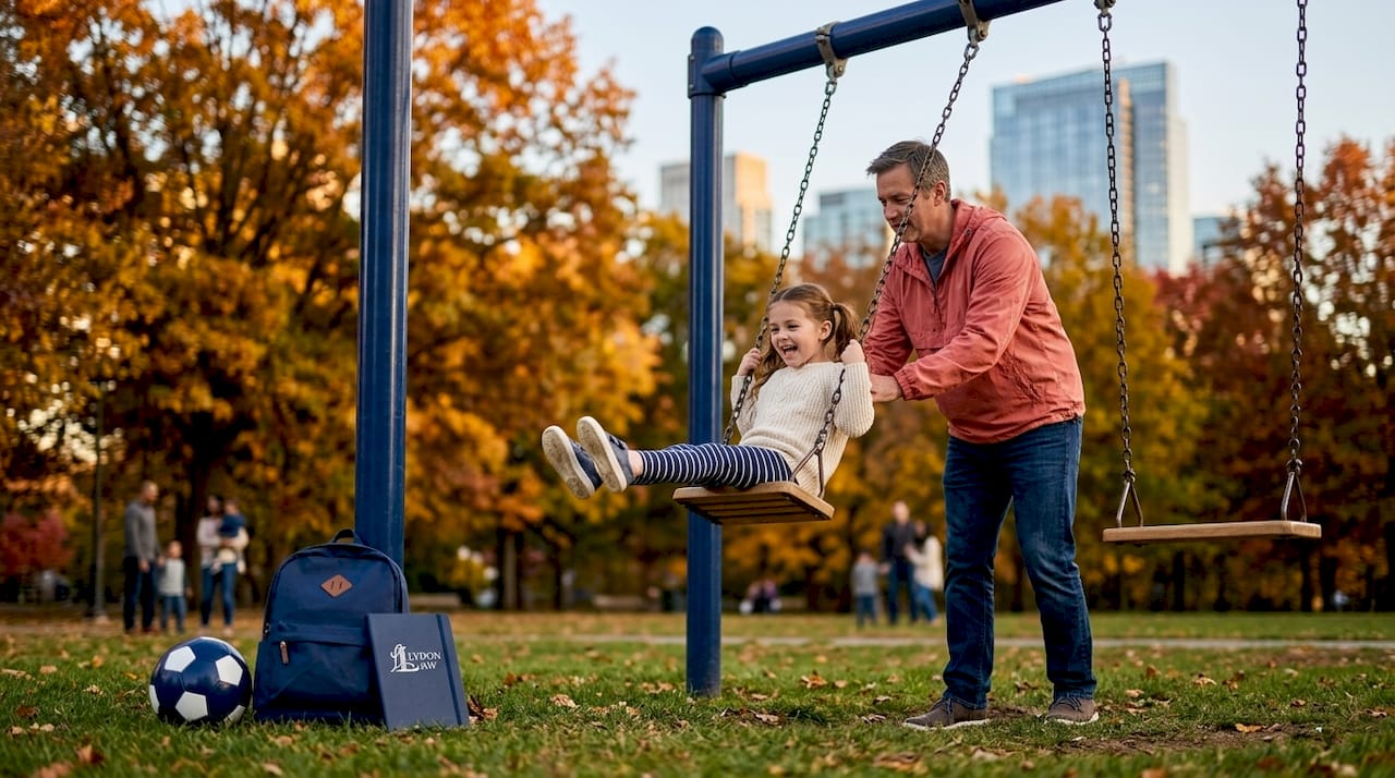 Parent pushing child on swing in park