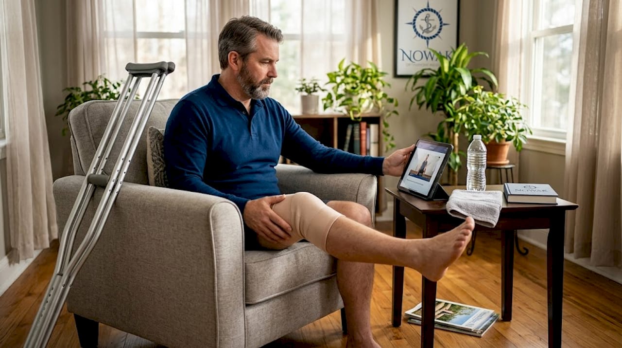 Man doing knee rehab at home after surgery