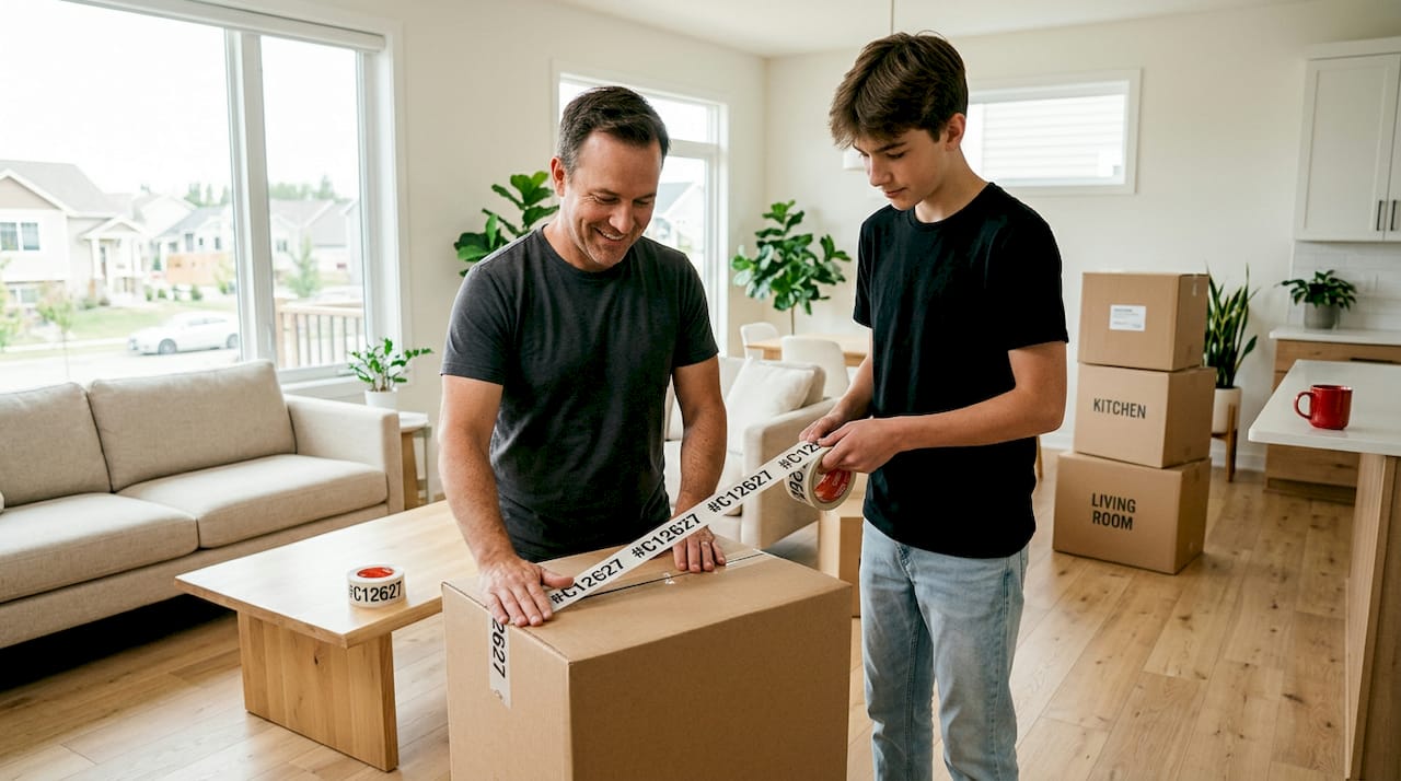 Family taping moving boxes in messy living room