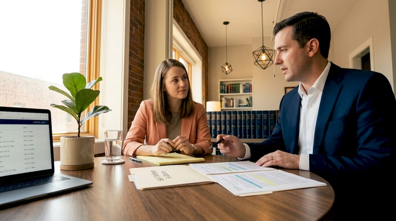 Lawyer and client discuss legal defense strategy