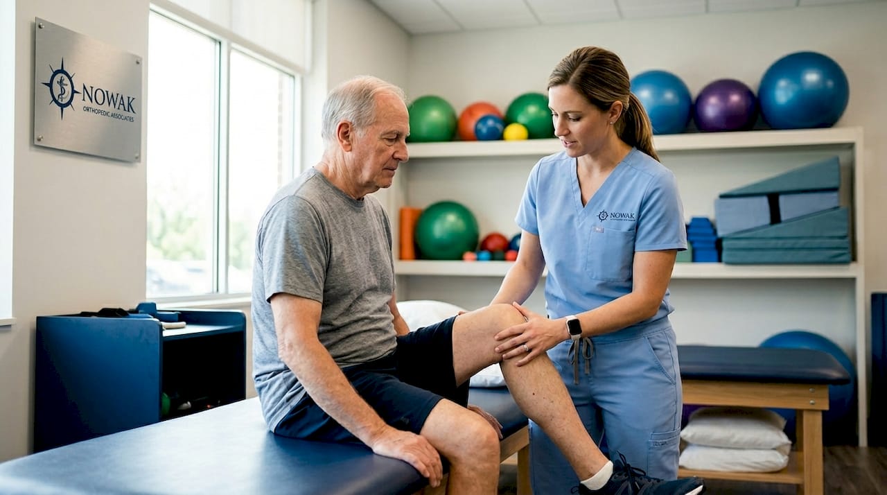 Physiotherapist guiding patient through knee mobility exercise