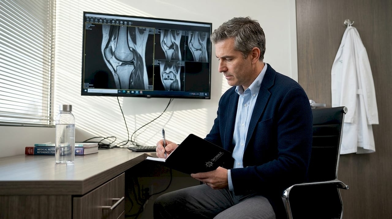 Doctor reviewing knee MRI scans in clinic