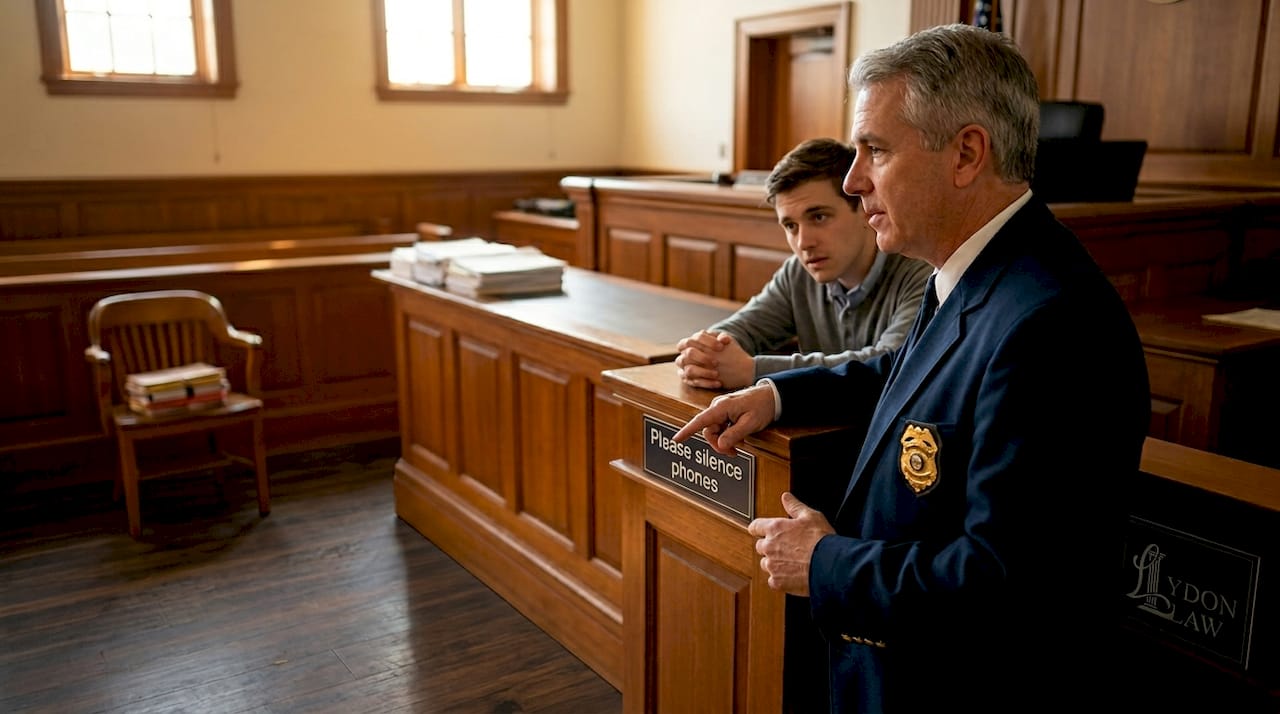 Court officer explaining procedure in courthouse