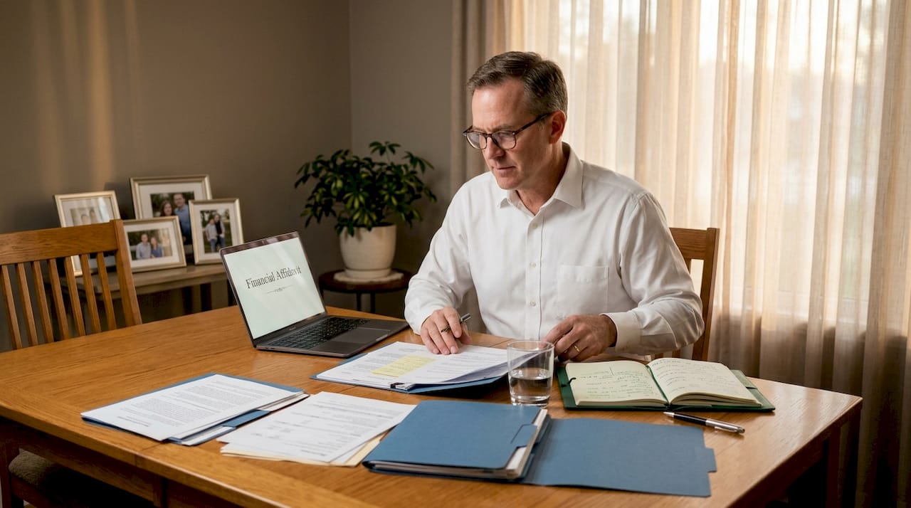 Person preparing divorce financial paperwork at home