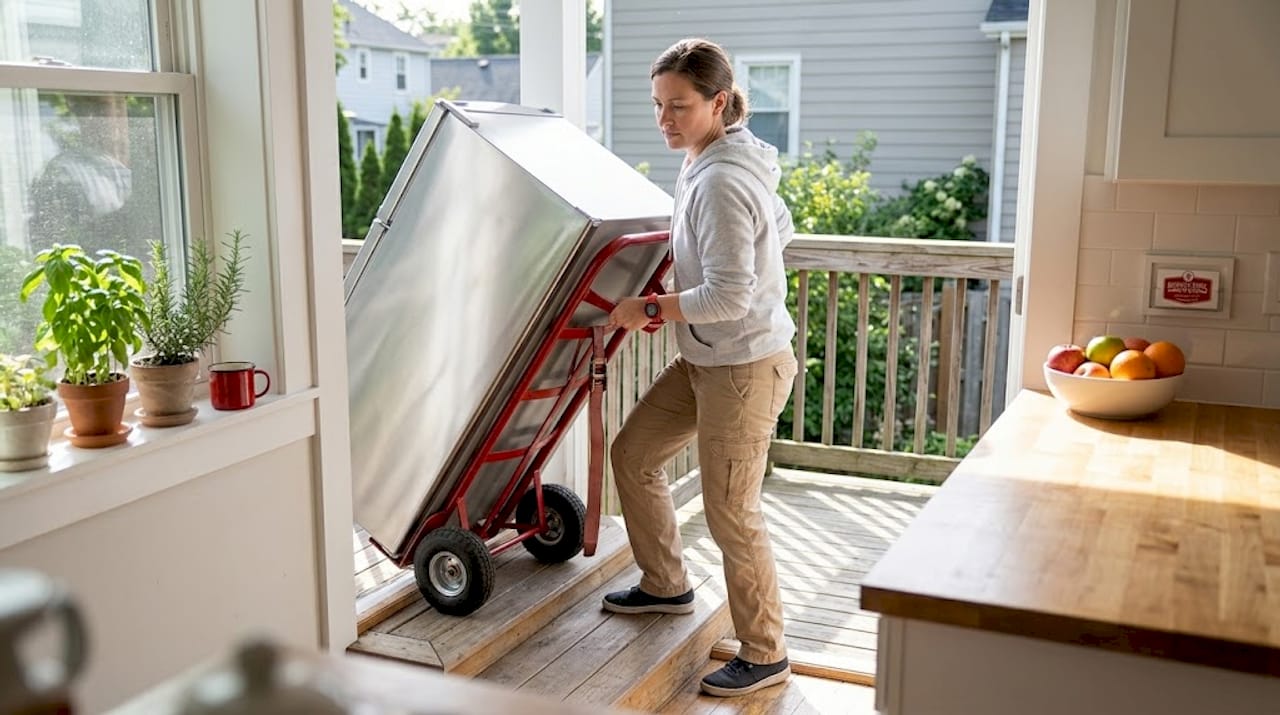 Woman moving refrigerator with appliance dolly