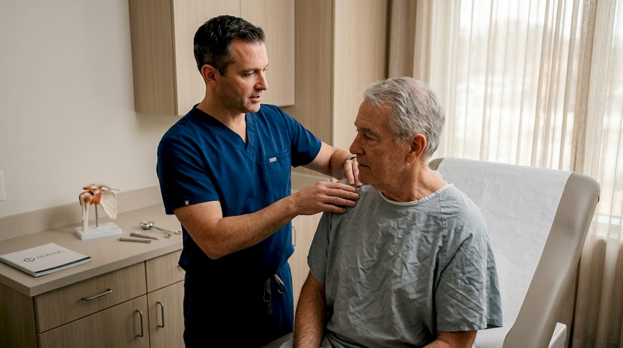 Orthopedic doctor examining patient's shoulder in clinic