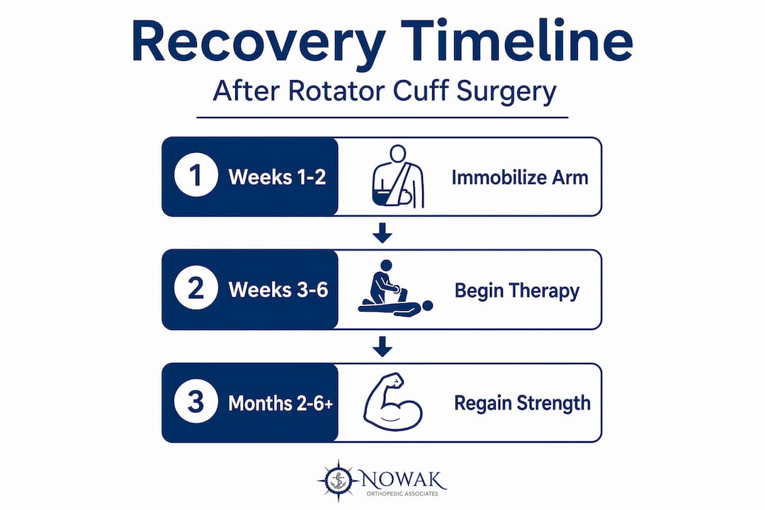 Infographic showing rotator cuff recovery steps by timeline