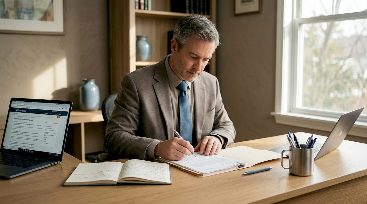 Man organizing legal paperwork at dining table