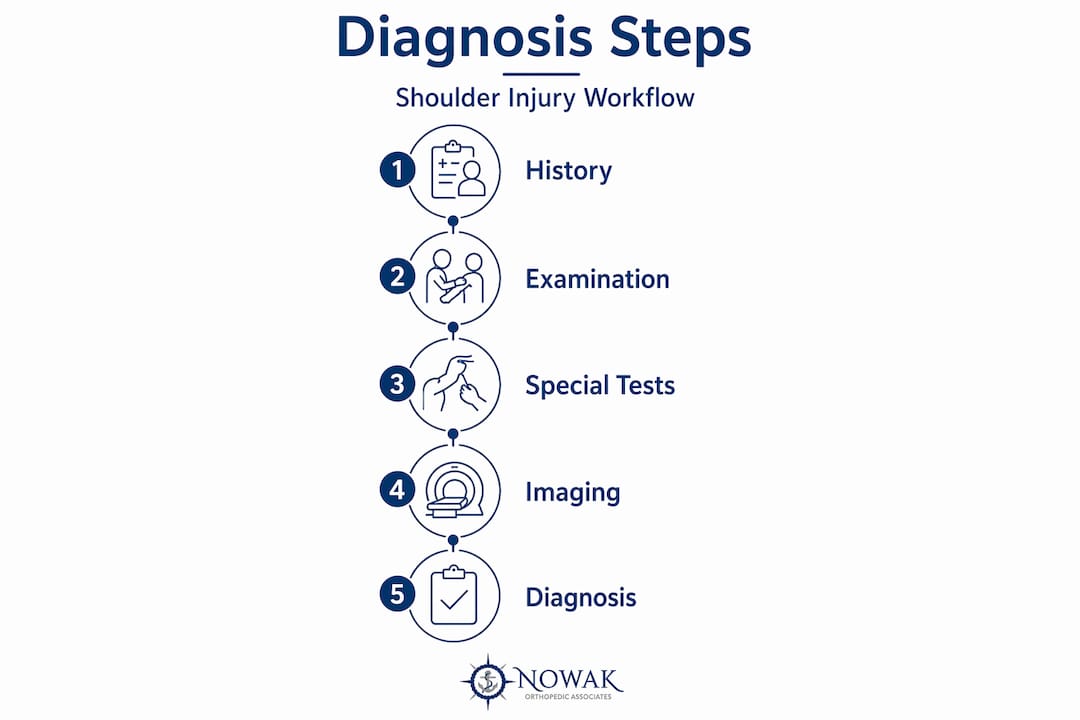 Vertical flow infographic showing five steps in diagnosing shoulder injuries