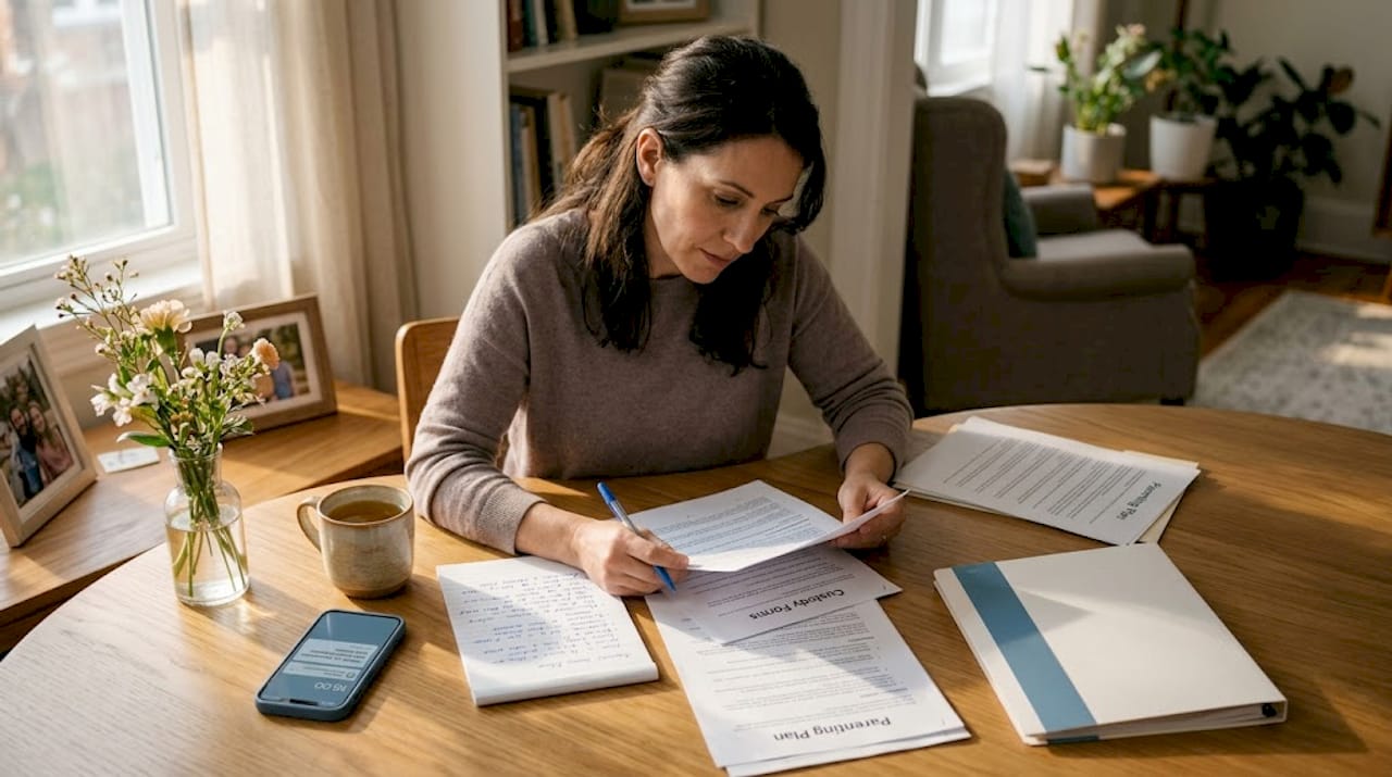 Parent reviewing custody forms at kitchen table