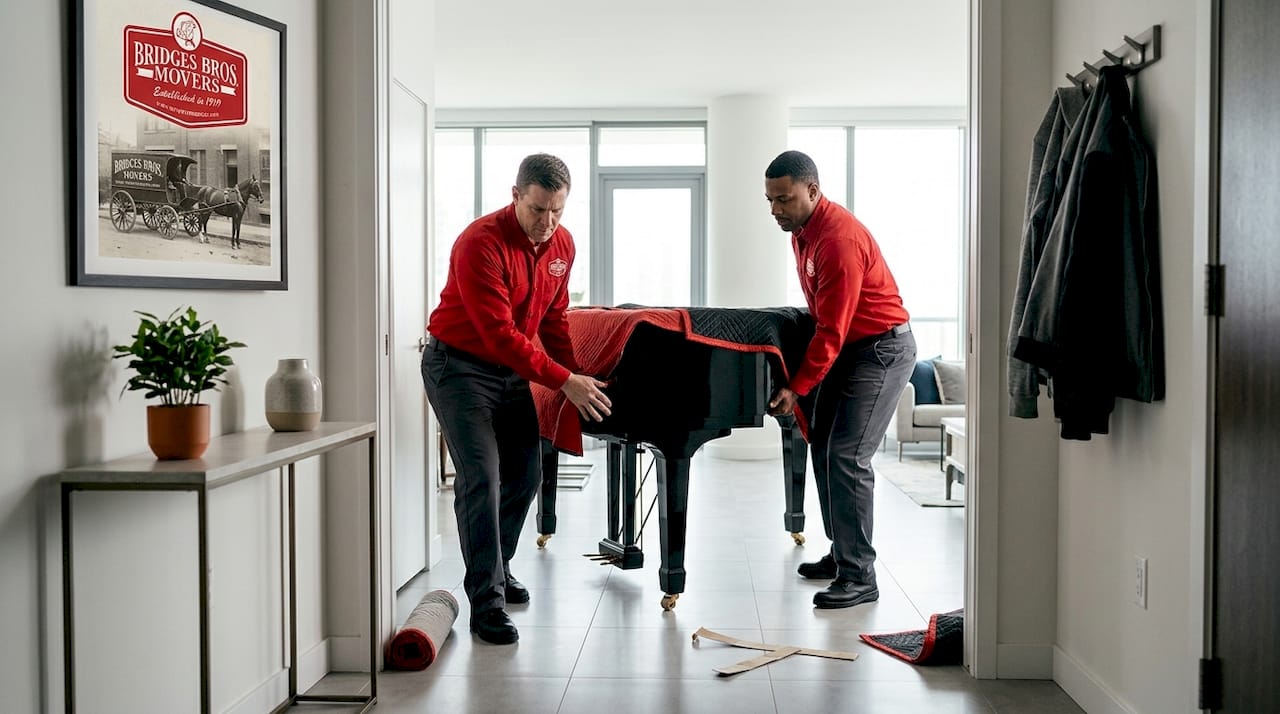 Movers transporting grand piano in foyer