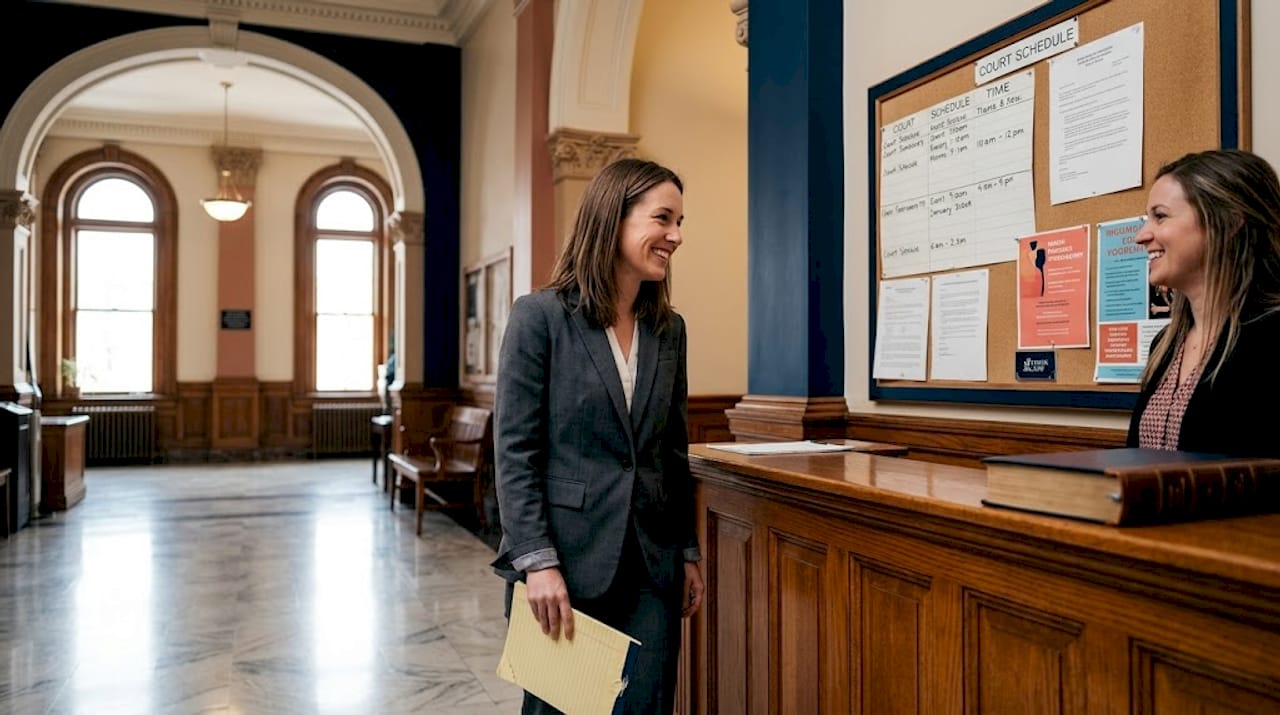 Attorney interacting with courthouse staff in hallway