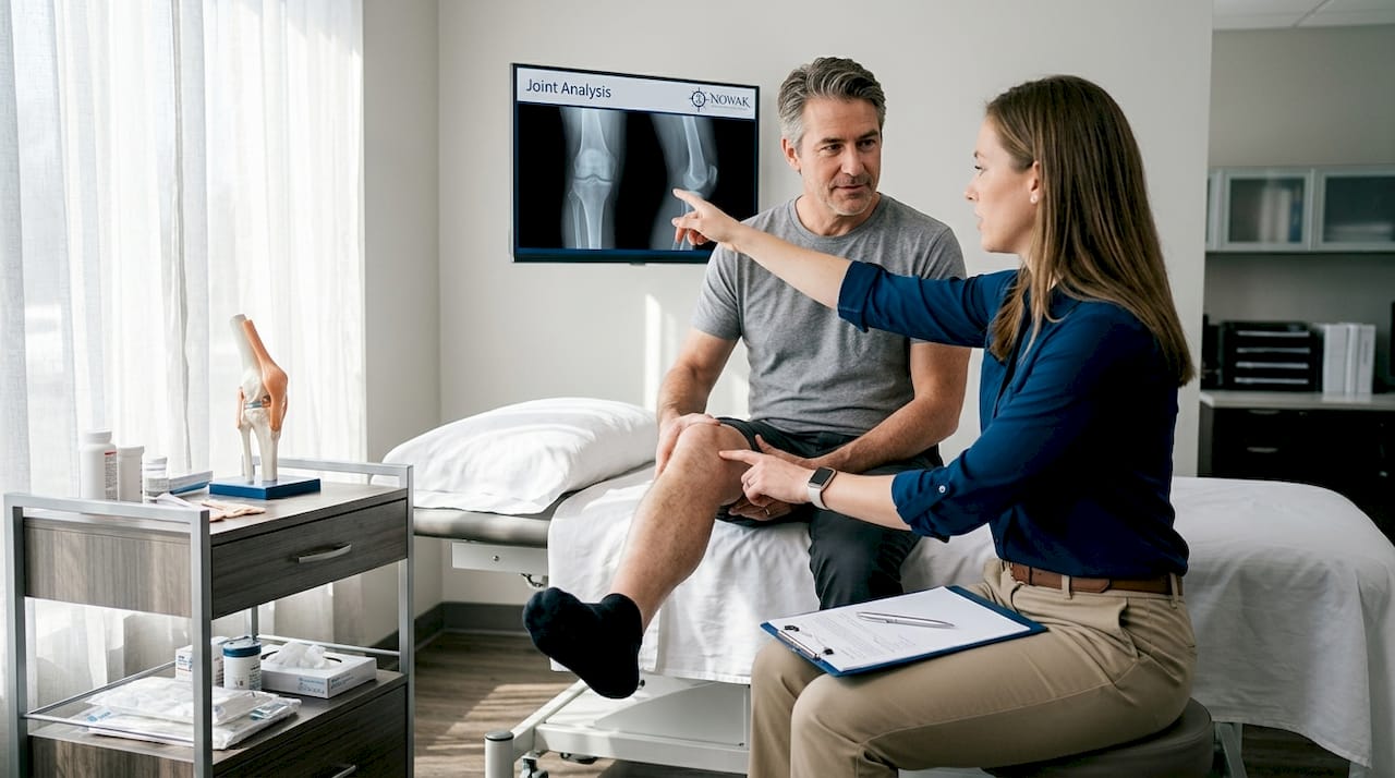 Patient and therapist discuss knee joint X-ray in clinic