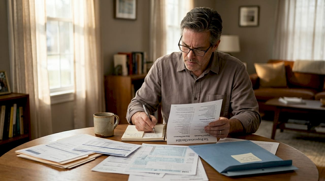 Person organizing divorce forms at home table