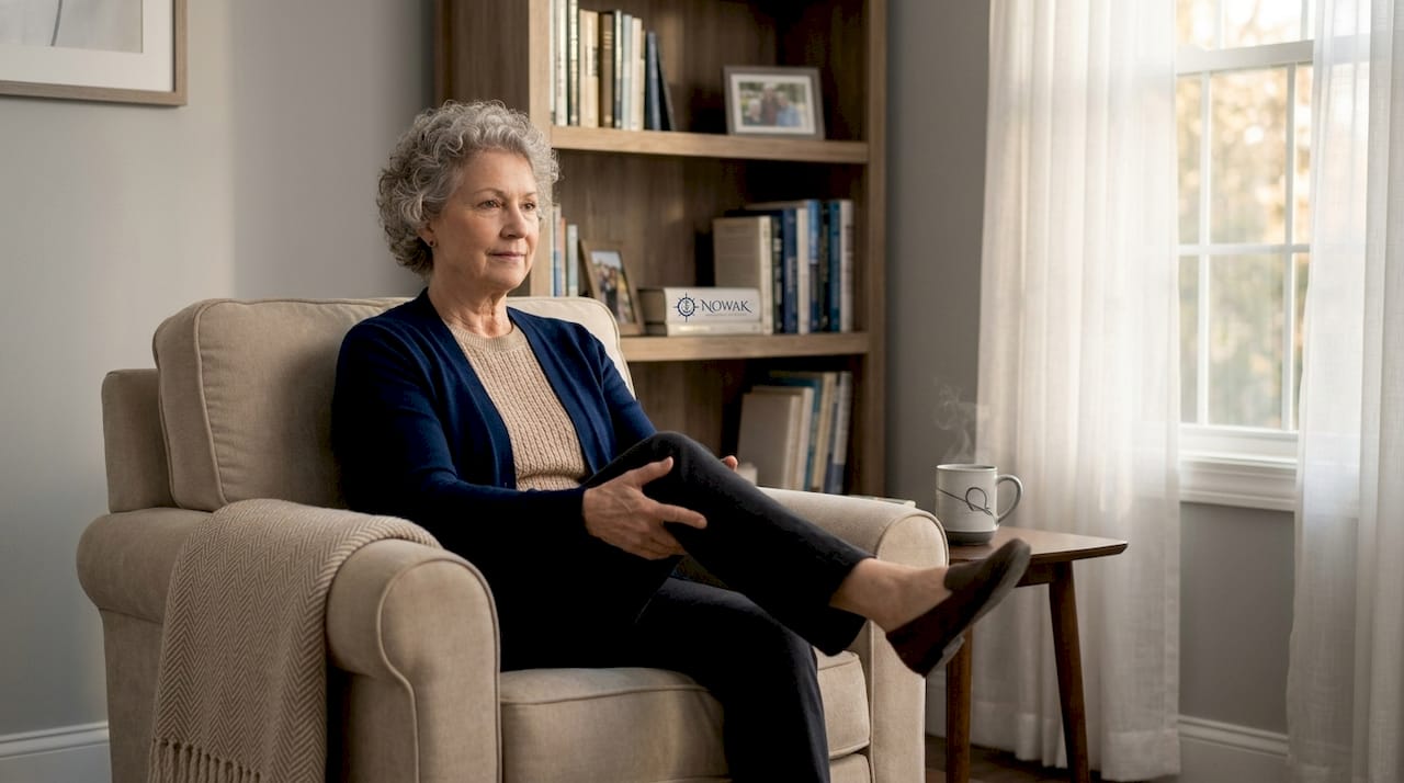 Senior woman stretching knee in living room