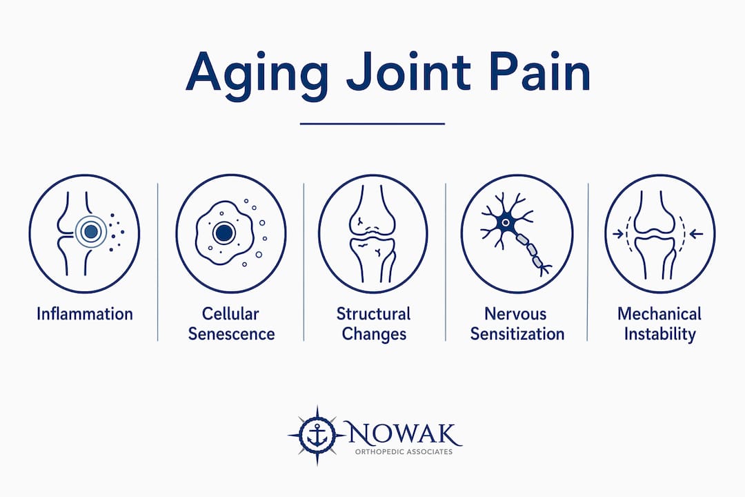 Infographic showing layered causes of aging joint pain