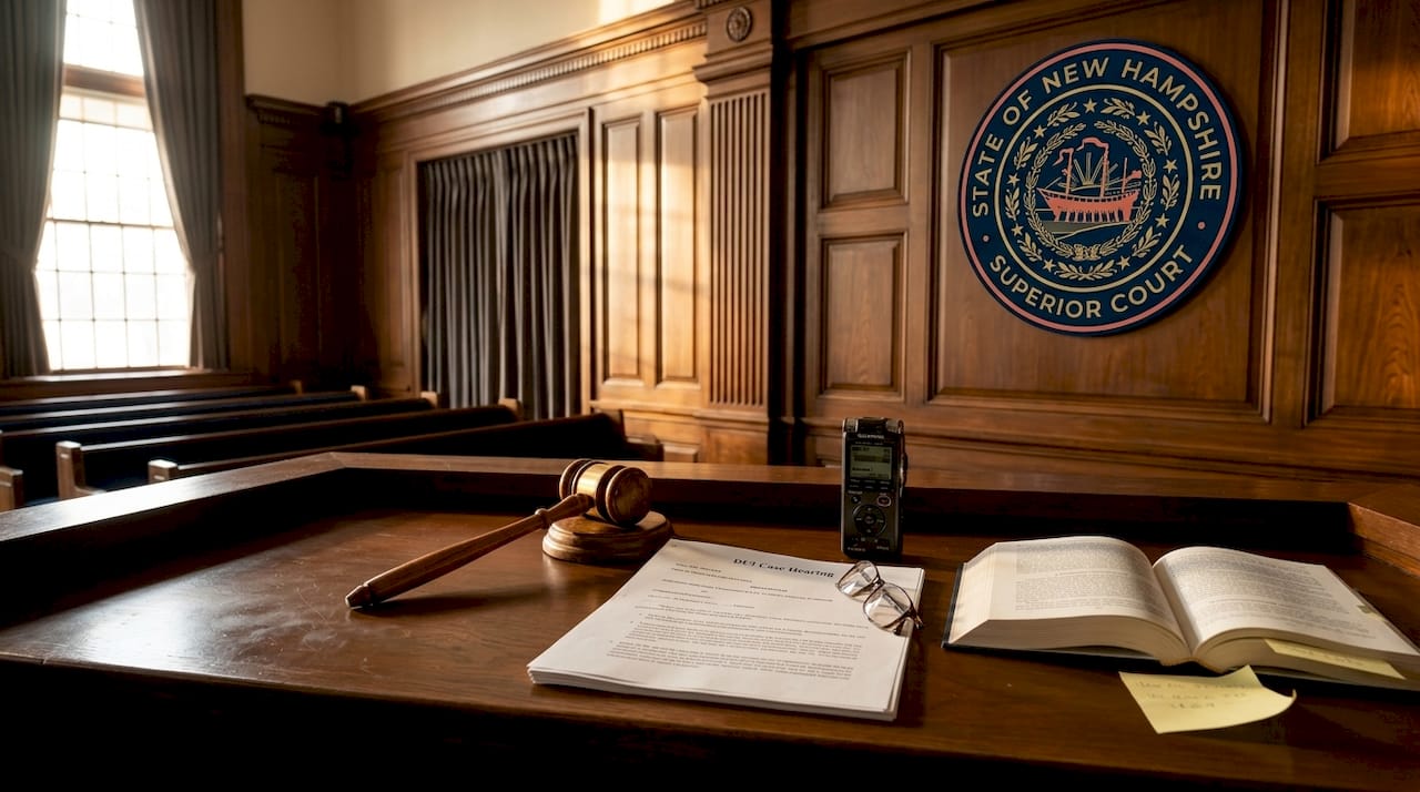 Judge's bench with gavel and DUI hearing documents