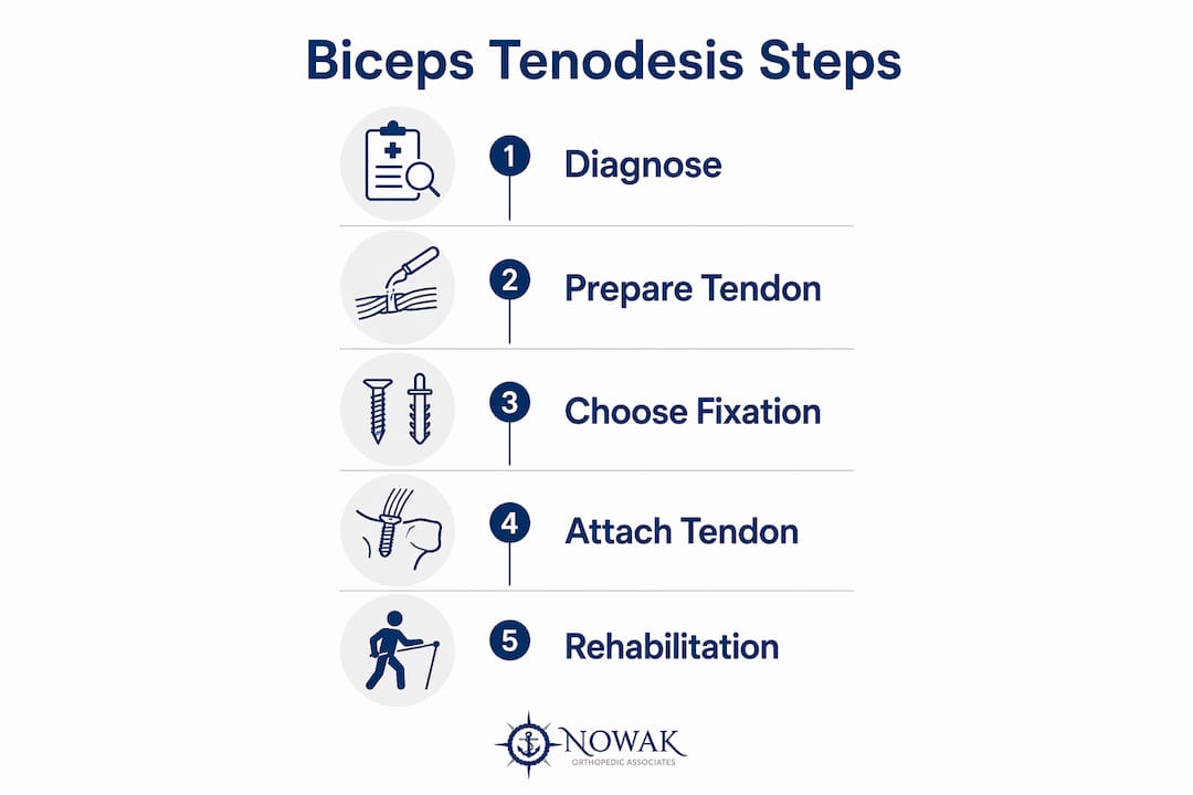 Infographic illustrating steps of biceps tenodesis procedure