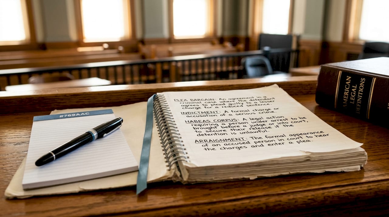 Notebook with handwritten criminal law terms in courtroom