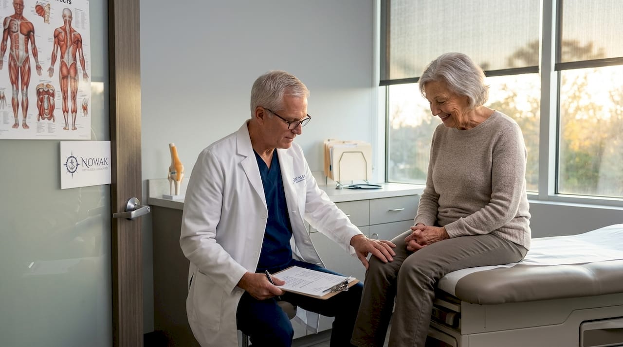 Doctor examining elderly patient's knee