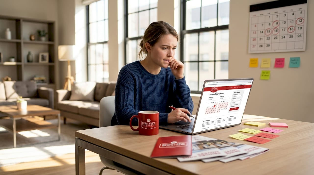 Woman booking movers online at kitchen table