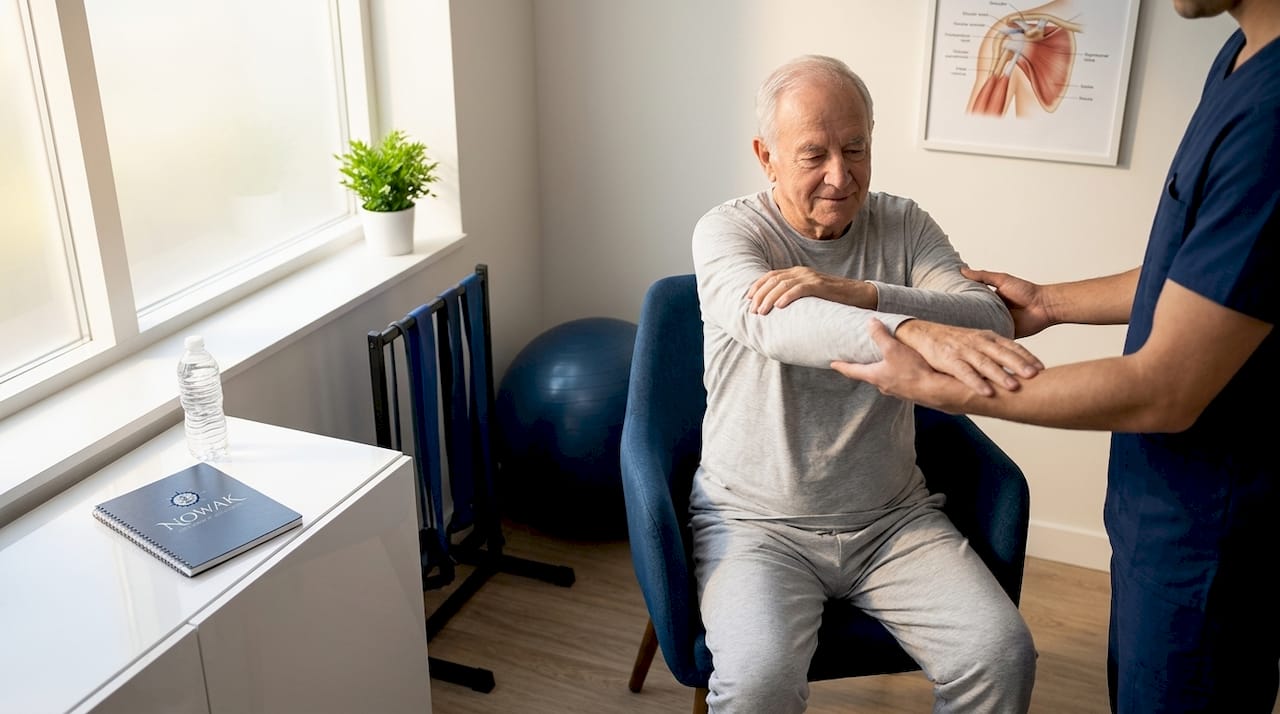 Elderly man receiving assisted forearm stretch