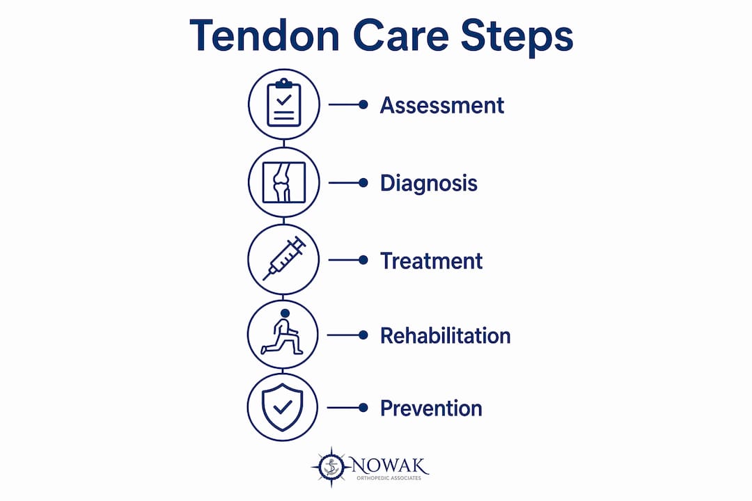 Infographic illustrating tendon injury care steps