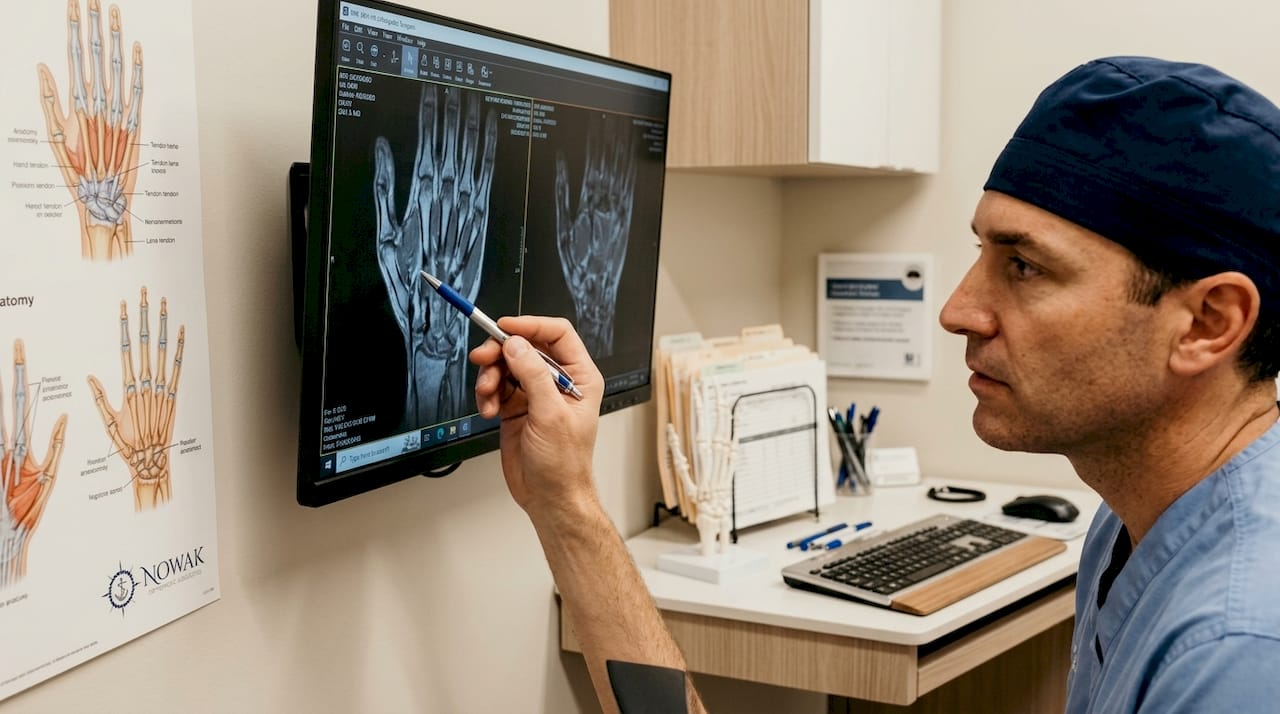 Orthopedic surgeon reviewing tendon MRI scans