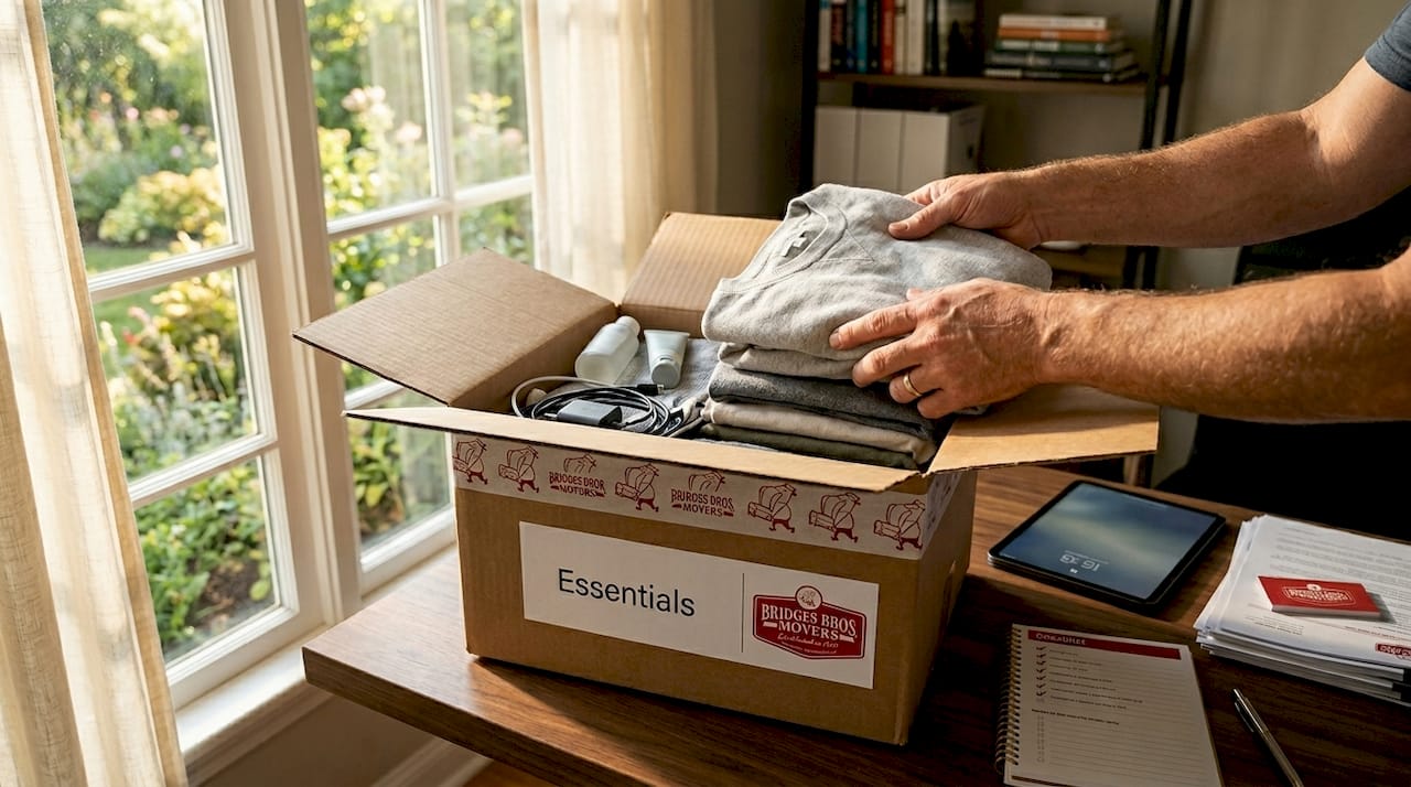 Packing essentials box with toiletries and clothes