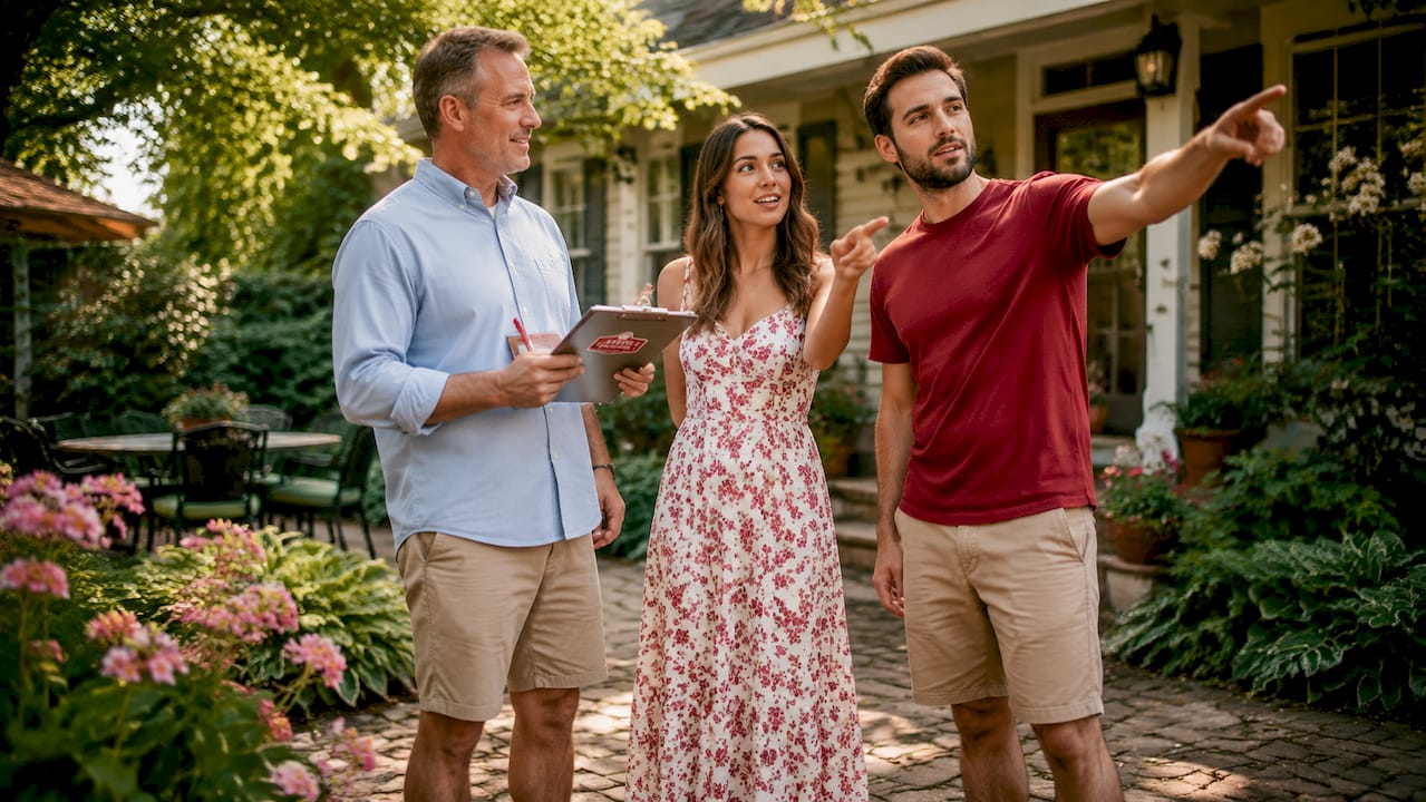 Family mover explaining plan to clients outdoors
