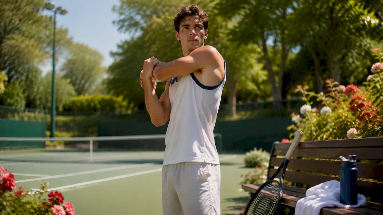 Tennis player stretching shoulder outdoors