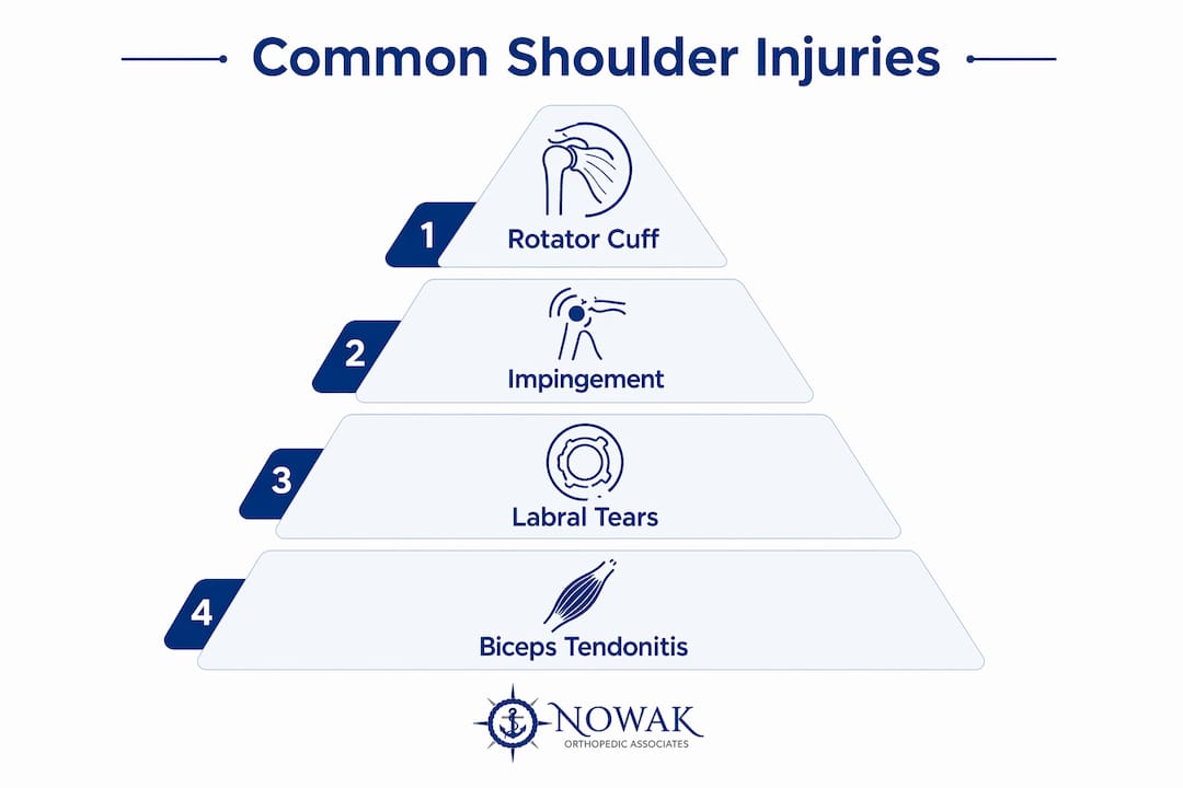 Infographic showing common summer sports shoulder injuries