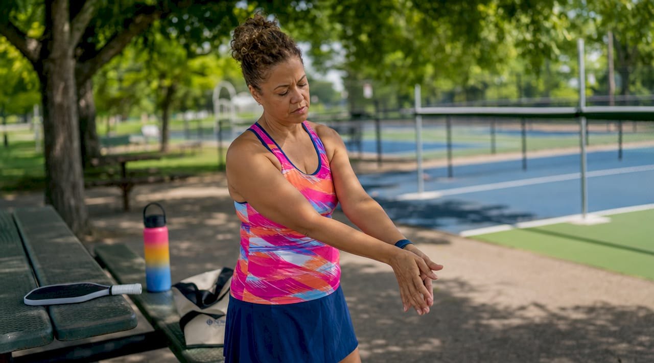 Woman warming up forearm outdoors near pickleball court