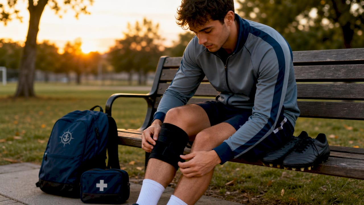Soccer player wrapping knee brace on field sidelines