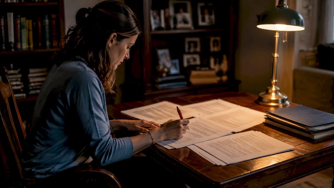 Hands reviewing family law documents with pen