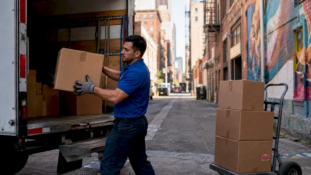 Professional mover loading boxes onto truck