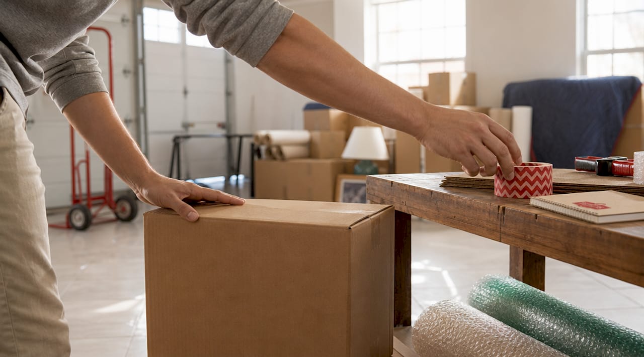 Hands packing box in self-storage unit