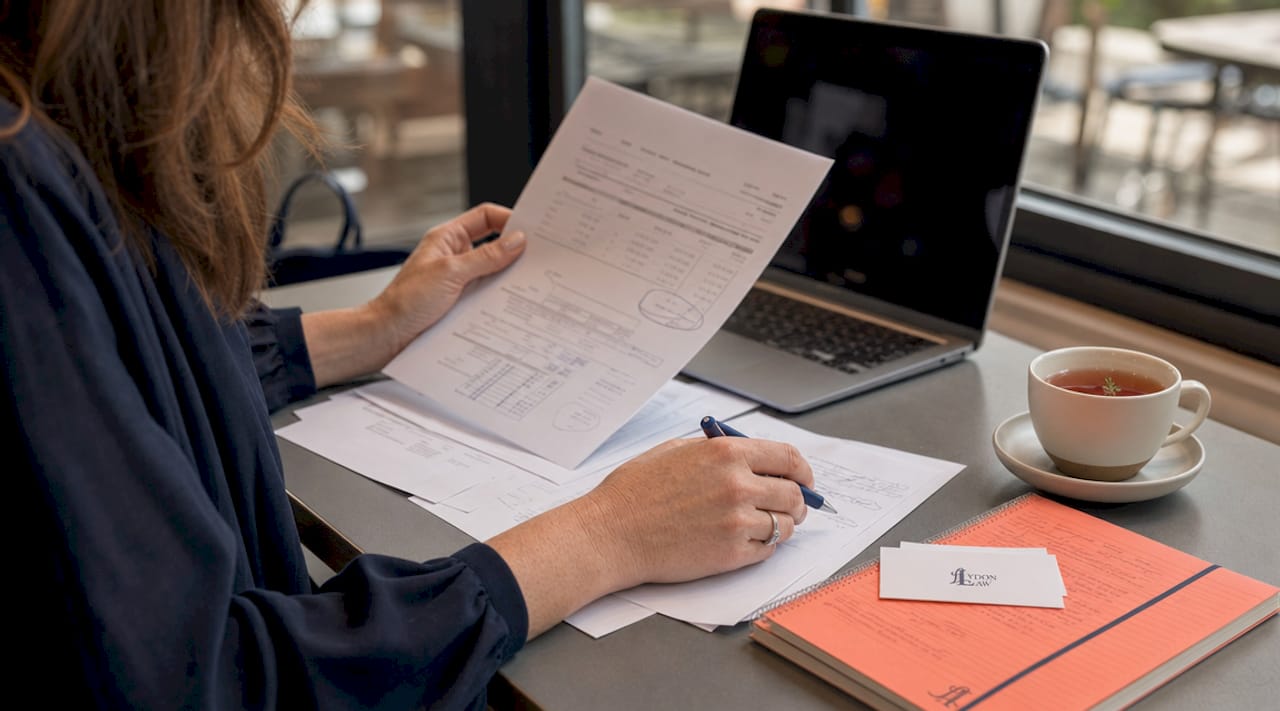 Hands organizing financial documents at desk