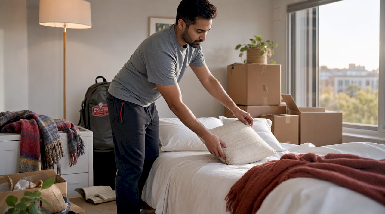 Man arranging bed in new bedroom