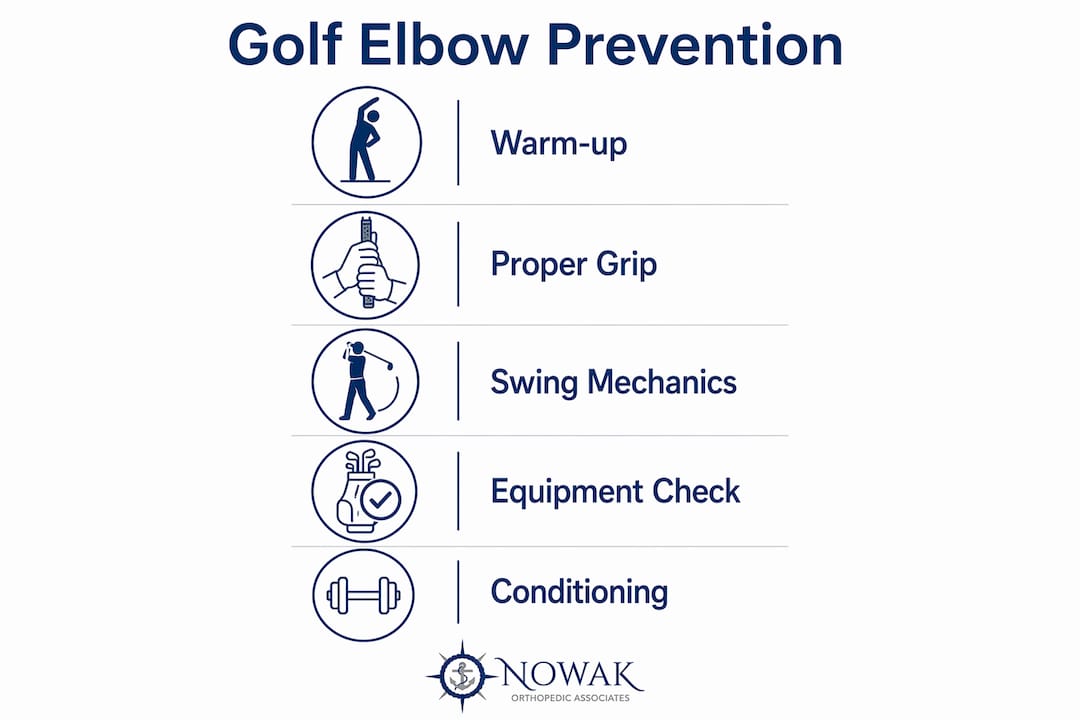 Infographic showing key golf elbow injury prevention steps