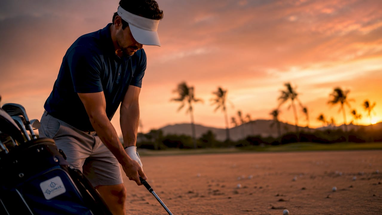 Golfer adjusting grip on swing at dawn on course