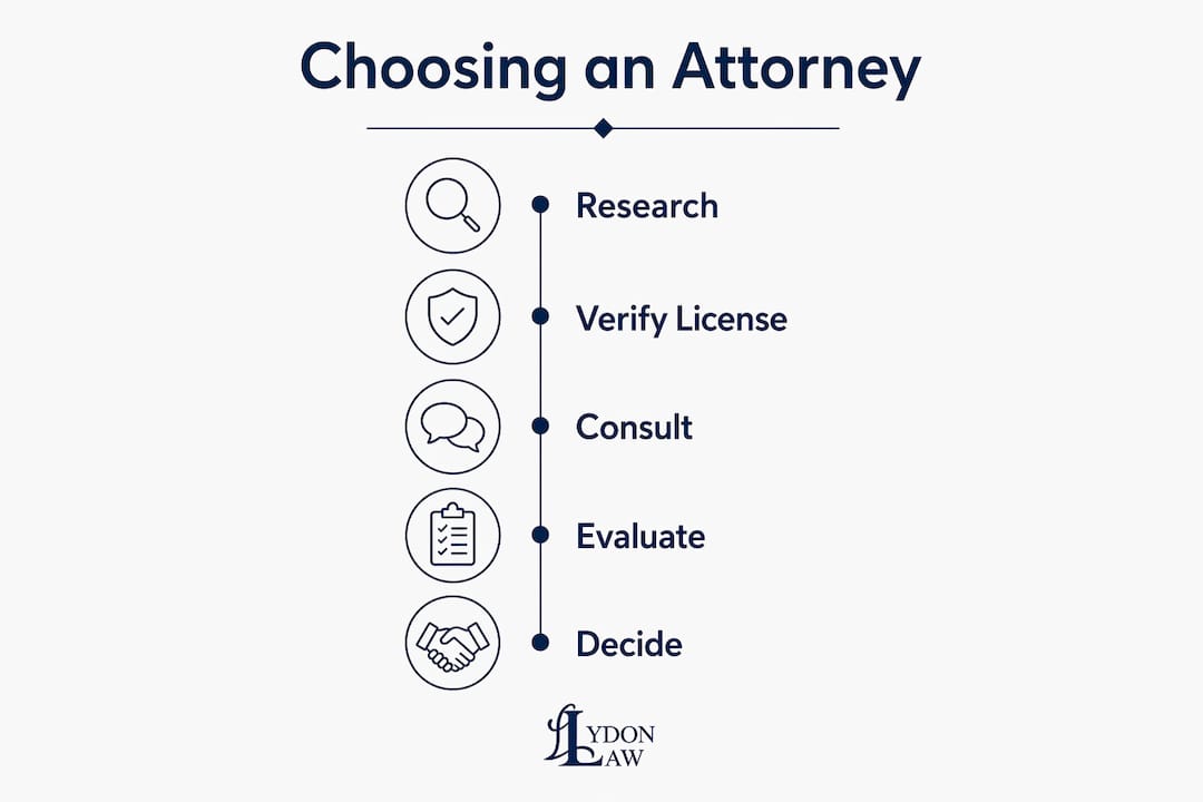 Infographic with steps to choose defense attorney