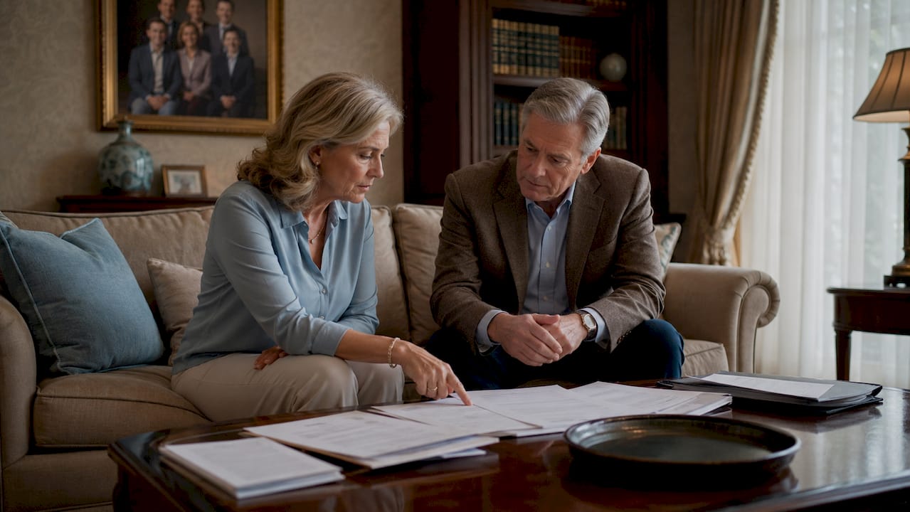 Couple discussing divorce documents at home